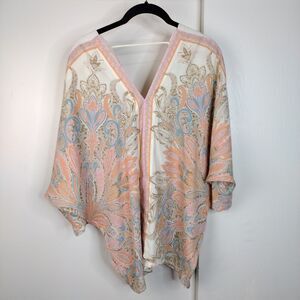 Rose + Olive Floral Kimono Top V Neck Blouse Shirt Womens Size M Pastel Colors